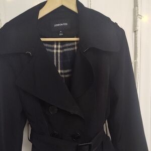 London Fog Black Trench Coat with Belt and Classic Collar